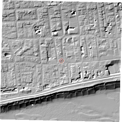 Shaded relief map of the ground around BN113HH, computed from Environment Agency LiDAR. The ground here sits at about 5 m above sea level and falls 13 m across the surrounding 800 m. Surface water reaching this point runs off ground lying to the south-west, 2.8 m higher.