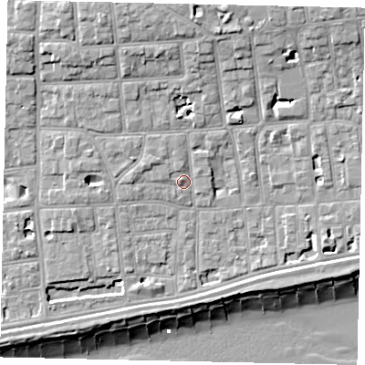 Shaded relief map of the ground around BN113HN, computed from Environment Agency LiDAR. The ground here sits at about 6 m above sea level and falls 13 m across the surrounding 800 m. Surface water reaching this point runs off ground lying to the west-north-west, 1.9 m higher.