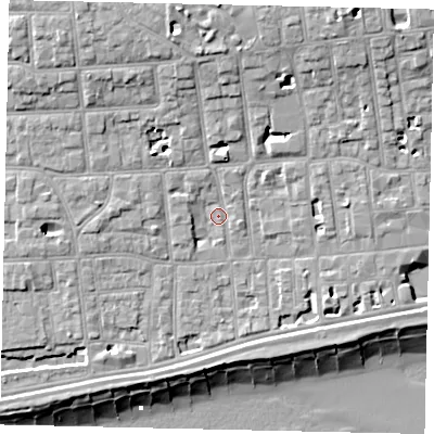 Shaded relief map of the ground around BN113HP, computed from Environment Agency LiDAR. The ground here sits at about 5 m above sea level and falls 13 m across the surrounding 800 m. Surface water reaching this point runs off ground lying to the north-west, 8.0 m higher.