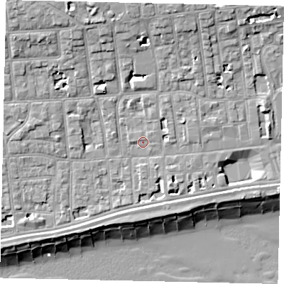 Shaded relief map of the ground around BN113HW, computed from Environment Agency LiDAR. The ground here sits at about 5 m above sea level and falls 13 m across the surrounding 800 m. Surface water reaching this point runs off ground lying to the north-north-west, 7.8 m higher.