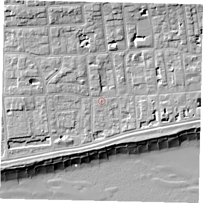 Shaded relief map of the ground around BN113JJ, computed from Environment Agency LiDAR. The ground here sits at about 5 m above sea level and falls 13 m across the surrounding 800 m. Surface water reaching this point runs off ground lying to the west-north-west, 4.1 m higher.