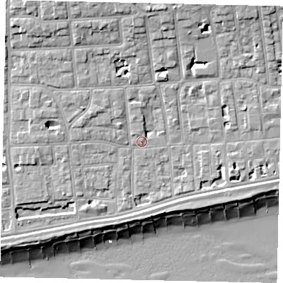 Shaded relief map of the ground around BN113JS, computed from Environment Agency LiDAR. The ground here sits at about 6 m above sea level and falls 13 m across the surrounding 800 m. Surface water reaching this point runs off ground lying to the west-north-west, 4.1 m higher.