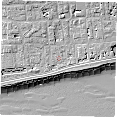 Shaded relief map of the ground around BN113LT, computed from Environment Agency LiDAR. The ground here sits at about 5 m above sea level and falls 12 m across the surrounding 800 m. Surface water reaching this point runs off ground lying to the west-south-west, 2.4 m higher.