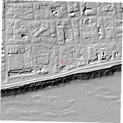 Shaded relief map of the ground around BN113LX, computed from Environment Agency LiDAR. The ground here sits at about 5 m above sea level and falls 11 m across the surrounding 800 m. Surface water reaching this point runs off ground lying to the west-north-west, 3.7 m higher.