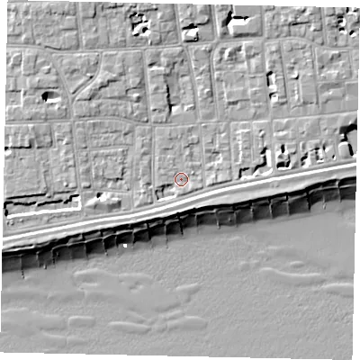 Shaded relief map of the ground around BN113LZ, computed from Environment Agency LiDAR. The ground here sits at about 5 m above sea level and falls 11 m across the surrounding 800 m. Surface water reaching this point runs off ground lying to the west-south-west, 2.6 m higher.