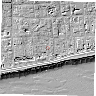 Shaded relief map of the ground around BN113ND, computed from Environment Agency LiDAR. The ground here sits at about 5 m above sea level and falls 12 m across the surrounding 800 m. Surface water reaching this point runs off ground lying to the west, 1.0 m higher.