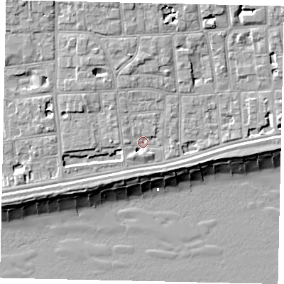 Shaded relief map of the ground around BN113NG, computed from Environment Agency LiDAR. The ground here sits at about 5 m above sea level and falls 11 m across the surrounding 800 m. Surface water reaching this point runs off ground lying to the south-south-east, 2.8 m higher.