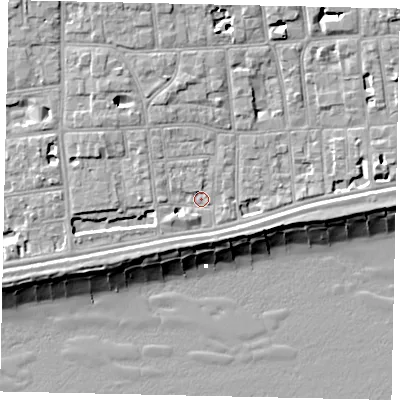Shaded relief map of the ground around BN113NX, computed from Environment Agency LiDAR. The ground here sits at about 5 m above sea level and falls 11 m across the surrounding 800 m. Surface water reaching this point runs off ground lying to the south-south-west, 2.8 m higher.