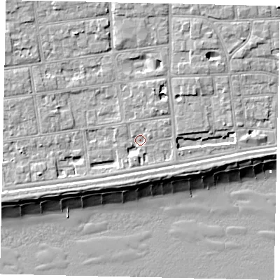 Shaded relief map of the ground around BN113NZ, computed from Environment Agency LiDAR. The ground here sits at about 5 m above sea level and falls 10 m across the surrounding 800 m. Surface water reaching this point runs off ground lying to the north-north-east, 4.2 m higher.