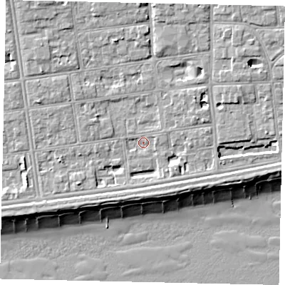 Shaded relief map of the ground around BN113PA, computed from Environment Agency LiDAR. The ground here sits at about 5 m above sea level and falls 11 m across the surrounding 800 m. Surface water reaching this point runs off ground lying to the west-south-west, 2.1 m higher.