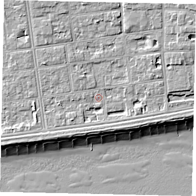 Shaded relief map of the ground around BN113PD, computed from Environment Agency LiDAR. The ground here sits at about 5 m above sea level and falls 10 m across the surrounding 800 m. Surface water reaching this point runs off ground lying to the south-west, 2.1 m higher.