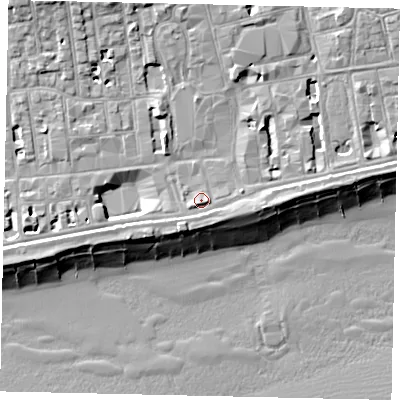 Shaded relief map of the ground around BN113PH, computed from Environment Agency LiDAR. The ground here sits at about 5 m above sea level and falls 12 m across the surrounding 800 m. Surface water reaching this point runs off ground lying to the east, 2.7 m higher.