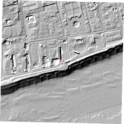 Shaded relief map of the ground around BN113PN, computed from Environment Agency LiDAR. The ground here sits at about 5 m above sea level and falls 13 m across the surrounding 800 m. Surface water reaching this point runs off ground lying to the north-north-west, 6.0 m higher.
