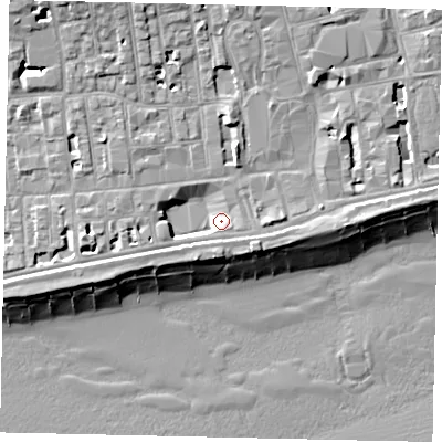 Shaded relief map of the ground around BN113PP, computed from Environment Agency LiDAR. The ground here sits at about 4 m above sea level and falls 12 m across the surrounding 800 m. Surface water reaching this point runs off ground lying to the west, 2.8 m higher.