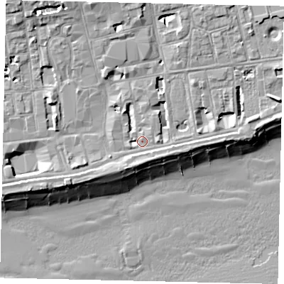 Shaded relief map of the ground around BN113PT, computed from Environment Agency LiDAR. The ground here sits at about 5 m above sea level and falls 13 m across the surrounding 800 m. Surface water reaching this point runs off ground lying to the north-west, 7.3 m higher.
