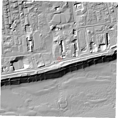 Shaded relief map of the ground around BN113PU, computed from Environment Agency LiDAR. The ground here sits at about 5 m above sea level and falls 13 m across the surrounding 800 m. Surface water reaching this point runs off ground lying to the south, 2.5 m higher.