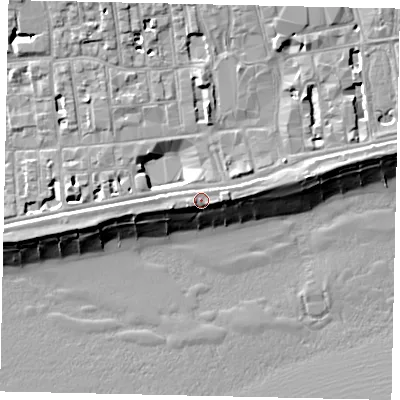 Shaded relief map of the ground around BN113PX, computed from Environment Agency LiDAR. The ground here sits at about 6 m above sea level and falls 11 m across the surrounding 800 m. Surface water reaching this point runs off ground lying to the west-south-west, 2.8 m higher.