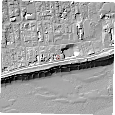 Shaded relief map of the ground around BN113PY, computed from Environment Agency LiDAR. The ground here sits at about 5 m above sea level and falls 12 m across the surrounding 800 m. Surface water reaching this point runs off ground lying to the east-north-east, 1.7 m higher.