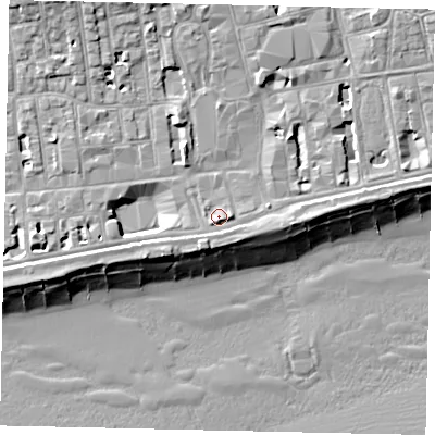 Shaded relief map of the ground around BN113QA, computed from Environment Agency LiDAR. The ground here sits at about 5 m above sea level and falls 12 m across the surrounding 800 m. Surface water reaching this point runs off ground lying to the east, 2.7 m higher.