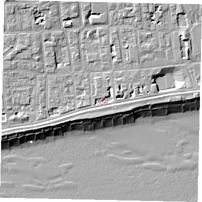 Shaded relief map of the ground around BN113QD, computed from Environment Agency LiDAR. The ground here sits at about 4 m above sea level and falls 11 m across the surrounding 800 m. Surface water reaching this point runs off ground lying to the west-south-west, 2.1 m higher.