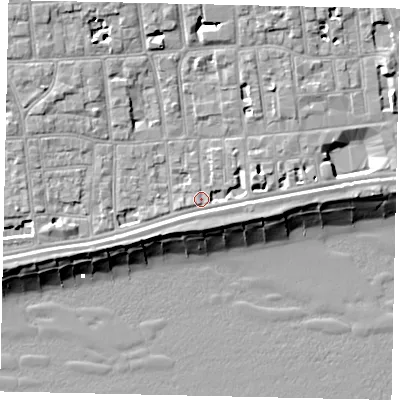 Shaded relief map of the ground around BN113QF, computed from Environment Agency LiDAR. The ground here sits at about 5 m above sea level and falls 11 m across the surrounding 800 m. Surface water reaching this point runs off ground lying to the west-south-west, 2.1 m higher.