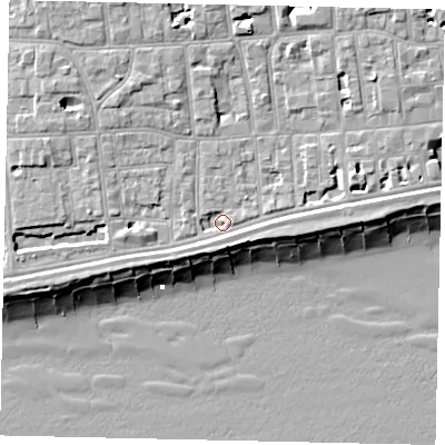 Shaded relief map of the ground around BN113QG, computed from Environment Agency LiDAR. The ground here sits at about 5 m above sea level and falls 11 m across the surrounding 800 m. Surface water reaching this point runs off ground lying to the west-north-west, 3.7 m higher.