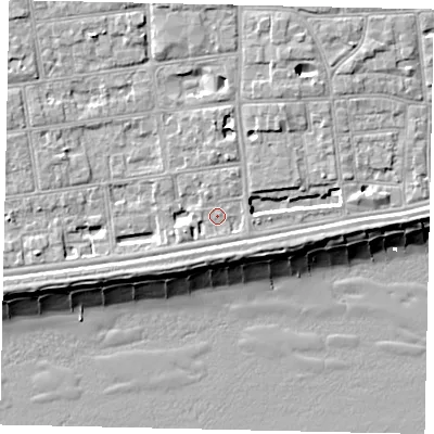Shaded relief map of the ground around BN113QP, computed from Environment Agency LiDAR. The ground here sits at about 5 m above sea level and falls 10 m across the surrounding 800 m. Surface water reaching this point runs off ground lying to the north-north-east, 3.0 m higher.