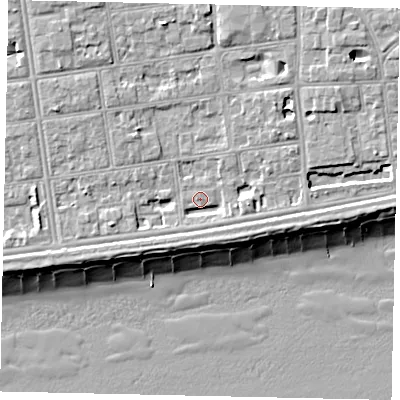 Shaded relief map of the ground around BN113QS, computed from Environment Agency LiDAR. The ground here sits at about 5 m above sea level and falls 10 m across the surrounding 800 m. Surface water reaching this point runs off ground lying to the north-north-west, 4.4 m higher.