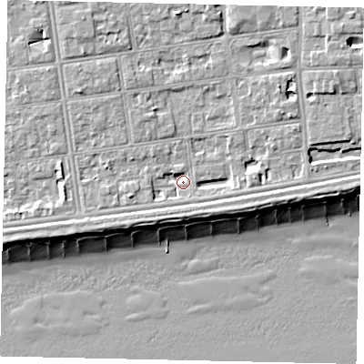 Shaded relief map of the ground around BN113QX, computed from Environment Agency LiDAR. The ground here sits at about 4 m above sea level and falls 10 m across the surrounding 800 m. Surface water reaching this point runs off ground lying to the west-south-west, 2.8 m higher.