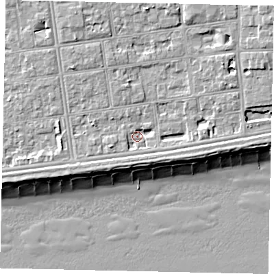 Shaded relief map of the ground around BN113QY, computed from Environment Agency LiDAR. The ground here sits at about 5 m above sea level and falls 10 m across the surrounding 800 m. Surface water reaching this point runs off ground lying to the west-south-west, 2.8 m higher.