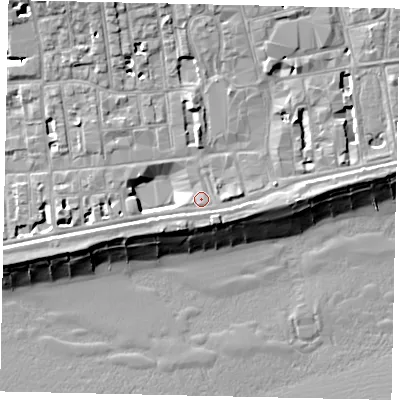 Shaded relief map of the ground around BN113QZ, computed from Environment Agency LiDAR. The ground here sits at about 5 m above sea level and falls 12 m across the surrounding 800 m. Surface water reaching this point runs off ground lying to the west-south-west, 2.6 m higher.