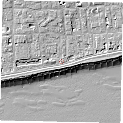 Shaded relief map of the ground around BN113SA, computed from Environment Agency LiDAR. The ground here sits at about 5 m above sea level and falls 11 m across the surrounding 800 m. Surface water reaching this point runs off ground lying to the north-west, 3.7 m higher.