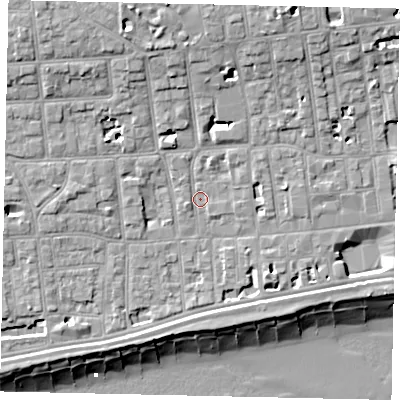 Shaded relief map of the ground around BN114BH, computed from Environment Agency LiDAR. The ground here sits at about 5 m above sea level and falls 14 m across the surrounding 800 m. Surface water reaching this point runs off ground lying to the north-north-west, 8.5 m higher.