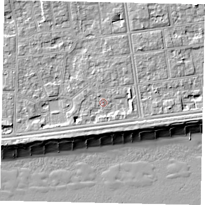 Shaded relief map of the ground around BN115DG, computed from Environment Agency LiDAR. The ground here sits at about 5 m above sea level and falls 10 m across the surrounding 800 m. Surface water reaching this point runs off ground lying to the north, 2.9 m higher.