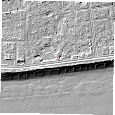 Shaded relief map of the ground around BN115EF, computed from Environment Agency LiDAR. The ground here sits at about 5 m above sea level and falls 10 m across the surrounding 800 m. Surface water reaching this point runs off ground lying to the east-south-east, 2.6 m higher.
