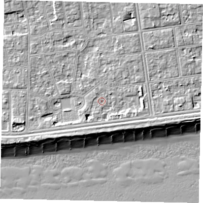 Shaded relief map of the ground around BN115EG, computed from Environment Agency LiDAR. The ground here sits at about 5 m above sea level and falls 10 m across the surrounding 800 m. Surface water reaching this point runs off ground lying to the north-north-east, 2.9 m higher.