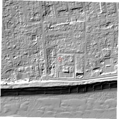 Shaded relief map of the ground around BN115EL, computed from Environment Agency LiDAR. The ground here sits at about 4 m above sea level and falls 10 m across the surrounding 800 m. Surface water reaching this point runs off ground lying to the north-north-west, 3.6 m higher.