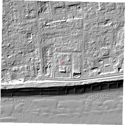 Shaded relief map of the ground around BN115EW, computed from Environment Agency LiDAR. The ground here sits at about 5 m above sea level and falls 9 m across the surrounding 800 m. Surface water reaching this point runs off ground lying to the south-east, 1.6 m higher.