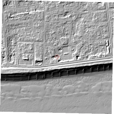 Shaded relief map of the ground around BN115EX, computed from Environment Agency LiDAR. The ground here sits at about 4 m above sea level and falls 9 m across the surrounding 800 m. Surface water reaching this point runs off ground lying to the north-east, 3.9 m higher.