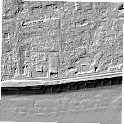 Shaded relief map of the ground around BN115RA, computed from Environment Agency LiDAR. The ground here sits at about 5 m above sea level and falls 9 m across the surrounding 800 m. Surface water reaching this point runs off ground lying to the south-south-west, 1.5 m higher.