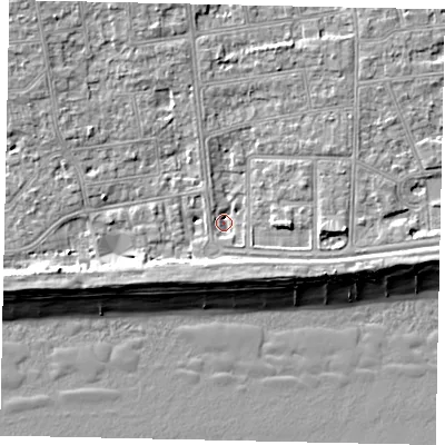 Shaded relief map of the ground around BN115RG, computed from Environment Agency LiDAR. The ground here sits at about 3 m above sea level and falls 9 m across the surrounding 800 m. Surface water reaching this point runs off ground lying to the north-north-east, 4.2 m higher.