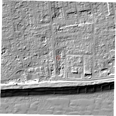 Shaded relief map of the ground around BN115RQ, computed from Environment Agency LiDAR. The ground here sits at about 4 m above sea level and falls 10 m across the surrounding 800 m. Surface water reaching this point runs off ground lying to the north-north-west, 3.0 m higher.