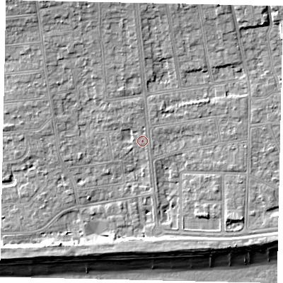 Shaded relief map of the ground around BN115SE, computed from Environment Agency LiDAR. The ground here sits at about 5 m above sea level and falls 11 m across the surrounding 800 m. Surface water reaching this point runs off ground lying to the north, 4.2 m higher.