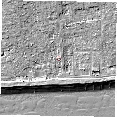 Shaded relief map of the ground around BN115SF, computed from Environment Agency LiDAR. The ground here sits at about 4 m above sea level and falls 10 m across the surrounding 800 m. Surface water reaching this point runs off ground lying to the north, 3.7 m higher.