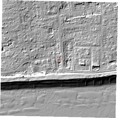 Shaded relief map of the ground around BN115SG, computed from Environment Agency LiDAR. The ground here sits at about 4 m above sea level and falls 9 m across the surrounding 800 m. Surface water reaching this point runs off ground lying to the north-east, 2.6 m higher.