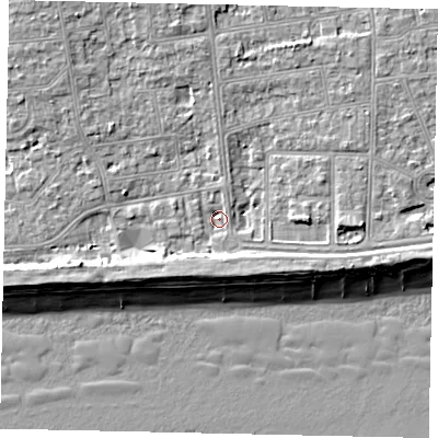 Shaded relief map of the ground around BN115SQ, computed from Environment Agency LiDAR. The ground here sits at about 3 m above sea level and falls 9 m across the surrounding 800 m. Surface water reaching this point runs off ground lying to the east-south-east, 4.6 m higher.