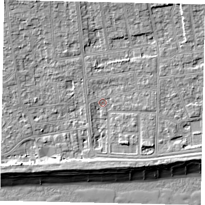 Shaded relief map of the ground around BN115SR, computed from Environment Agency LiDAR. The ground here sits at about 4 m above sea level and falls 10 m across the surrounding 800 m. Surface water reaching this point runs off ground lying to the north-north-west, 4.6 m higher.