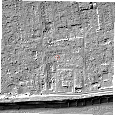 Shaded relief map of the ground around BN115SW, computed from Environment Agency LiDAR. The ground here sits at about 4 m above sea level and falls 11 m across the surrounding 800 m. Surface water reaching this point runs off ground lying to the north, 4.9 m higher.