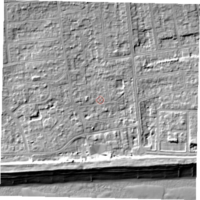 Shaded relief map of the ground around BN124DA, computed from Environment Agency LiDAR. The ground here sits at about 4 m above sea level and falls 10 m across the surrounding 800 m. Surface water reaching this point runs off ground lying to the north-north-west, 4.6 m higher.
