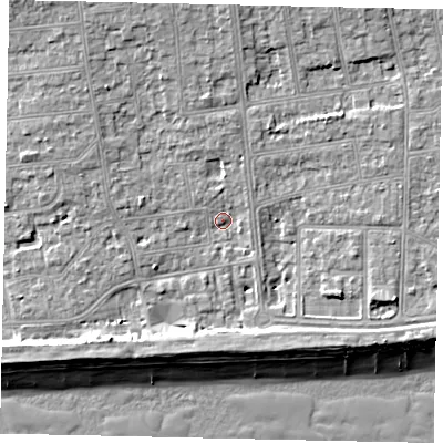 Shaded relief map of the ground around BN124DD, computed from Environment Agency LiDAR. The ground here sits at about 4 m above sea level and falls 10 m across the surrounding 800 m. Surface water reaching this point runs off ground lying to the north-north-west, 4.8 m higher.